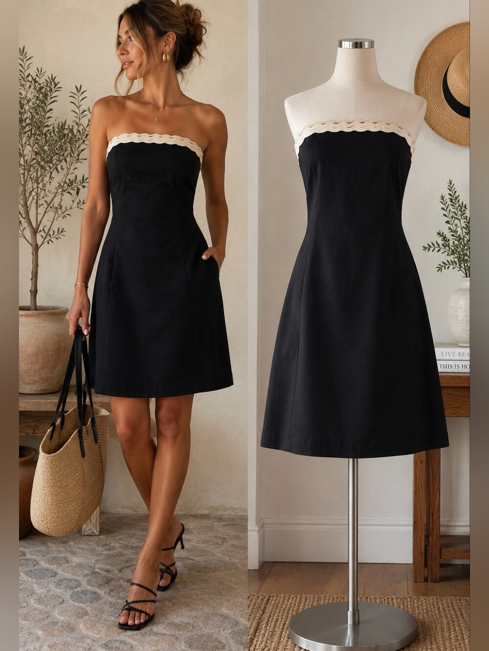 Sincerely Jules NWT Black Strapless Mini Dress Lace Trim Pockets L/G